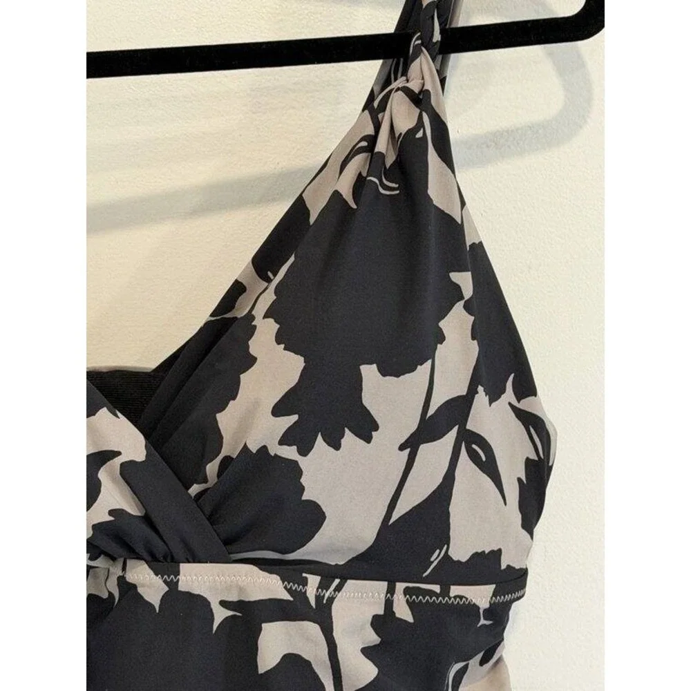 Lands End Black Gray Floral Print Swimsuit Tankini Top Slendersuit Size 18